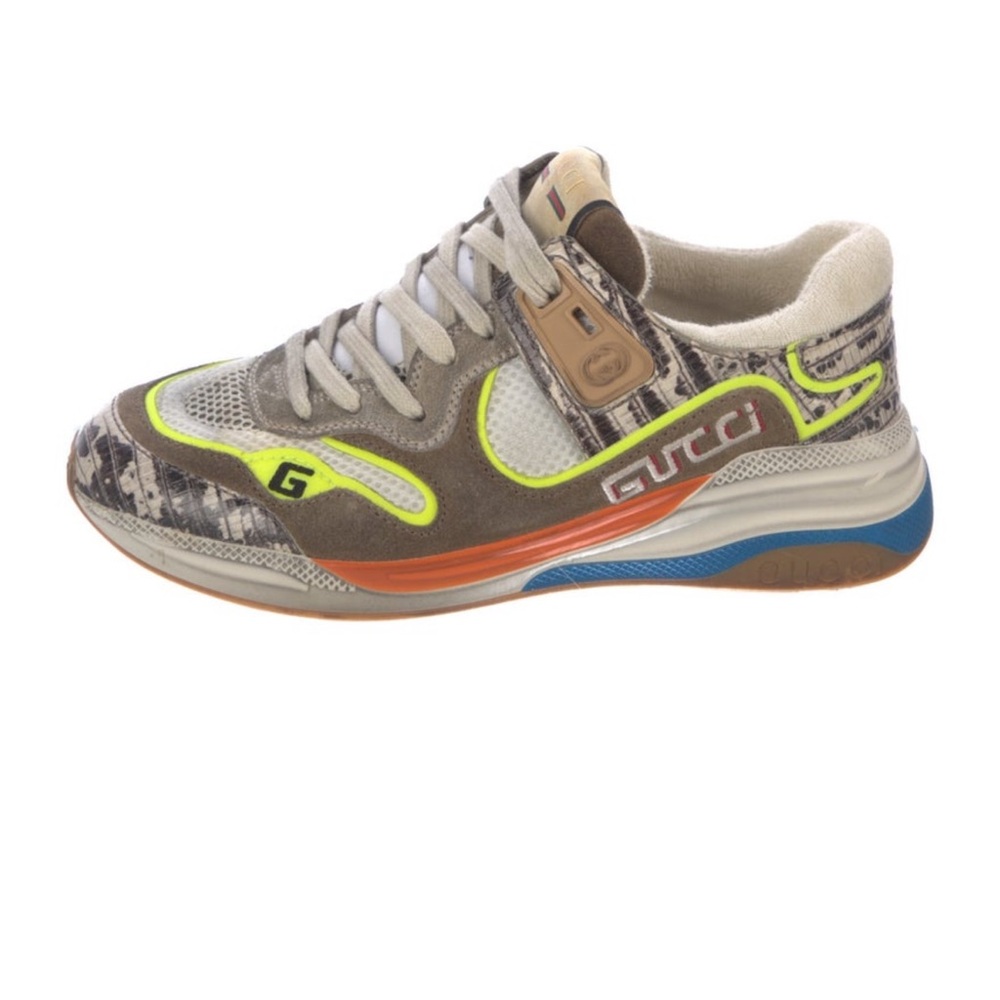 Gucci unisex Gray & Neon Yellow Low-Top Sneaker with Orange & Blue Accents 5-6